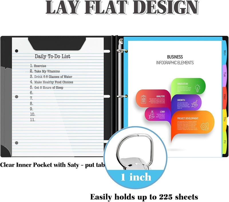 INFUN 1 Inch Telescoping Project Organizer Binder-2PCS,13 Pocket, Customizable Front Cover, 5 Colors Pocket Divider and Plastic Binder Pocket，225 Sheet Capacity-Black - Image 3